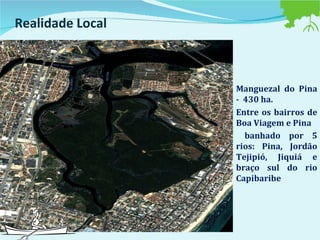 Manguezal do Pina -  430 ha.  Entre os bairros de Boa Viagem e Pina banhado por 5 rios: Pina, Jordão Tejipió, Jiquiá e braço sul do rio Capibaribe . Realidade Local 