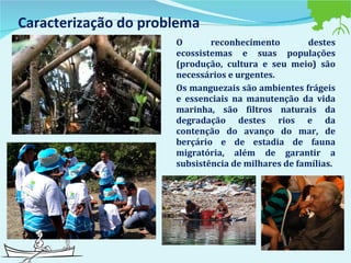 Caracterização do problema O reconhecimento destes ecossistemas e suas populações (produção, cultura e seu meio) são necessários e urgentes.  Os manguezais são ambientes frágeis e essenciais na manutenção da vida marinha, são filtros naturais da degradação destes rios e da contenção do avanço do mar, de berçário e de estadia de fauna migratória, além de garantir a subsistência de milhares de famílias. 
