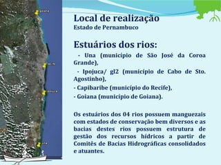 Local de realização  Estado de Pernambuco Estuários dos rios: - Una (município de São José da Coroa Grande),  - Ipojuca/ gl2 (município de Cabo de Sto. Agostinho),  - Capibaribe (município do Recife), - Goiana (município de Goiana).  Os estuários dos 04 rios possuem manguezais com estados de conservação bem diversos e as bacias destes rios possuem estrutura de gestão dos recursos hídricos a partir de Comitês de Bacias Hidrográficas consolidados e atuantes. 