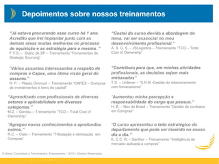 © Atman Consultoria e Treinamentos Empresariais – 2013 – Direitos Reservadoswww.atmanconsultoria.com.br
© Atman Consultoria e Treinamentos Empresariais – 2013 – Direitos Reservados
Depoimentos sobre nossos treinamentos
“Já estava procurando esse curso há 1 ano.
Acredito que irei implantar junto com as
demais áreas muitas melhorias no processo
de aquisição e as estratégia para a mesma. ”
F.V.S. – Diário de SP – Treinamento “Ferramentas de
Strategic Sourcing”
“Aprendizado com profissionais de diversos
setores e aplicabilidade em diversas
categorias.”
M.Z. – Gerdau – Treinamento “TCO – Total Cost of
Ownership”
“Vários assuntos interessantes a respeito de
compras e Capex, uma ótima visão geral do
assunto.”
R. P. – Plastic Omnium – Treinamento “CAPEX – Compras
de investimentos e bens de capital”
“Aumentou minha percepção e
responsabilidade do cargo que possuo.”
H. B. – Nec do Brasil – Treinamento “Gestão de contratos
em Compras”
“Agregou novos conhecimentos e aprofundou
outros.”
R.C. – Cielo – Treinamento “Tributação e otimização em
Compras”
“O curso apresentou o lado estratégico do
departamento que pode ser inserido no nosso
dia a dia.”
K. C.C. R. – Santher – Treinamento “Inteligência de
mercado aplicada a compras”
“Gostei do curso devido a abordagem do
tema, vai ser essencial no meu
desenvolvimento profissional.”
A. S. G. S. – JSLogística – Treinamento “TCO – Total
Cost of Ownership”
“Contribuiu para que, em minhas atividades
profissionais, as decisões sejam mais
embasadas”
T.S. – Unilever – “S.R.M.-Gestão do relacionamento
com fornecedores”
 