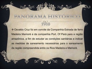  Osvaldo Cruz foi em convite da Companhia Estrada de ferro
Madeira Mamoré e da companhia Port. Of Pará para a região
amazônica, a fim de estudar as condições sanitárias e indicar
as medidas de saneamento necessárias para o saneamento
da região compreendida entre os Rios Madeira e Mamoré.
 