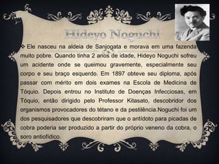  Ele nasceu na aldeia de Sanjogata e morava em uma fazenda
muito pobre. Quando tinha 2 anos de idade, Hideyo Noguchi sofreu
um acidente onde se queimou gravemente, especialmente seu
corpo e seu braço esquerdo. Em 1897 obteve seu diploma, após
passar com mérito em dois exames na Escola de Medicina de
Tóquio. Depois entrou no Instituto de Doenças Infecciosas, em
Tóquio, então dirigido pelo Professor Kitasato, descobridor dos
organismos provocadores do tétano e da pestilência.Noguchi foi um
dos pesquisadores que descobriram que o antídoto para picadas de
cobra poderia ser produzido a partir do próprio veneno da cobra, o
soro antiofídico.
 