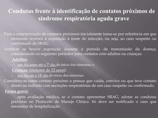 Condutas frente à identificação de contatos próximos de
              síndrome respiratória aguda grave

Para a caracterização de contatos próximos inicialmente toma-se por referência em que
    momento ocorreu a exposição à fonte de infecção, ou seja, ao caso suspeito ou
    confirmado de SRAG.
Verificar se houve exposição durante o período de transmissão da doença,
    considerando os seguintes períodos para contatos com adultos ou crianças:
o    Adultos:
     o   um dia antes até o 7º dia de início dos sintomas; e
o    Crianças (menores de 12 anos):
     o   um dia até o 14º dia de início dos sintomas.
Considera-se como contato próximo a pessoa que cuida, convive ou que teve contato
   direto ou indireto com secreções respiratórias de um caso suspeito ou confirmado.
Forma grave:
       após avaliação médica, se o contato apresentar SRAG, adotar as condutas
   previstas no Protocolo de Manejo Clínico. Só deve ser notificado o caso que
   necessitar de hospitalização.
 