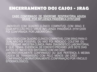 ENCERRAMENTO DOS CASOS - SRAG
     CASO CONFIRMADO DE SÍNDROME RESPIRATÓRIA AGUDA
           GRAVE POR INFLUENZA PANDÊMICA (H1N1)2009

1.INDIVÍDUOCOM QUADRO CLÍNICO COMPATÍVEL COM SRAG E
CUJA INFECÇÃO PELO VÍRUS INFLUENZA PANDÊMICA (H1N1)2009
FOI CONFIRMADA POR LABORATÓRIO;

2.INDIVÍDUO
          COM QUADRO CLÍNICO COMPATÍVEL COM SRAG PARA O
QUAL NÃO FOI POSSÍVEL OU NÃO FOI INDICADO COLETAR OU
PROCESSAR AMOSTRA CLÍNICA PARA DIAGNÓSTICO LABORATORIAL
E QUE TENHA EVIDÊNCIA DE CONTATO PRÓXIMO (ATÉ SETE DIAS
ANTES DO INÍCIO DOS SINTOMAS) COM UM CASO
LABORATORIALMENTE CONFIRMADO OU QUE PERTENÇA À MESMA
CADEIA DE TRANSMISSÃO COM PELO MENOS UM CASO
CONFIRMADO LABORATORIALMENTE (CONFIRMAÇÃO POR VÍNCULO
EPIDEMIOLÓGICO);
 