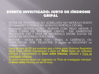 EVENTO INVESTIGADO: SURTO DE SÍNDROME
                     GRIPAL
1.   FICHA DE INVESTIGAÇÃO AGREGADA NO MÓDULO SURTO
     DO SinanNET (CÓDIGO DO AGRAVO/DOENÇA CID J06)
2.   Repetindo: NOTIFICAÇÃO: SURTOS COM PELO MENOS 3
     (TRÊS) CASOS DE SÍNDROME GRIPAL                         EM AMBIENTES
     FECHADOS ATÉ 7 DIAS DE DIFERENÇA ENTRE DATAS DE
     INÍCIO DE SINTOMAS DOS CASOS
3.   ENVIAR          FICHA POR FAX               PARA A GERÊNCIA OU
     COMUNICAR POR TELEFONE E digitar no SINANNET no
     módulo surto.
4.   Casos de surto de SG que evoluírem para a forma grave -Síndrome Respiratória
     Aguda Grave (SRAG) hospitalizados e óbitos por SRAG devem ser notificados
     individual e imediatamente no Sinan online Influenza, utilizando a Ficha de
     Investigação Individual.
5.   Os dados coletados devem ser registrados na “Ficha de Investigação Individual”,
     no Sinan online Influenza, em até 24 horas.
 