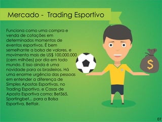 Funciona como uma compra e
venda de cotações em
determinados momentos de
eventos esportivos. É bem
semelhante a bolsa de valores, e
movimenta mais de US$ 100,000.000
(cem milhões) por dia em todo
mundo. E isso ainda é uma
novidade para os brasileiros. Há
uma enorme urgência das pessoas
em entender a diferença de
Simples Apostas Esportivas, no
Trading Esportivo, e Casas de
Aposta Esportiva como; Bet365,
Sportingbet... para a Bolsa
Esportiva, Betfair.
Mercado - Trading Esportivo
07
 