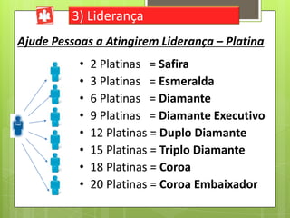 3) Liderança
Ajude Pessoas a Atingirem Liderança – Platina
•
•
•
•
•
•
•
•

2 Platinas = Safira
3 Platinas = Esmeralda
6 Platinas = Diamante
9 Platinas = Diamante Executivo
12 Platinas = Duplo Diamante
15 Platinas = Triplo Diamante
18 Platinas = Coroa
20 Platinas = Coroa Embaixador

 