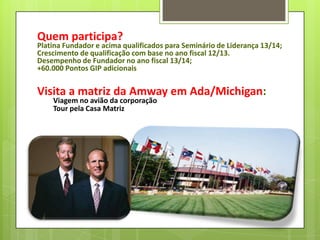 Quem participa?

Platina Fundador e acima qualificados para Seminário de Liderança 13/14;
Crescimento de qualificação com base no ano fiscal 12/13.
Desempenho de Fundador no ano fiscal 13/14;
+60.000 Pontos GIP adicionais

Visita a matriz da Amway em Ada/Michigan:
Viagem no avião da corporação
Tour pela Casa Matriz

 