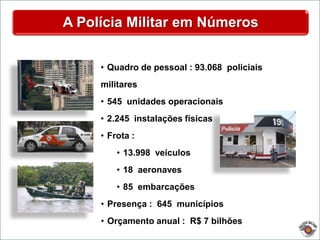 A Polícia Militar em Números
• Quadro de pessoal : 93.068 policiais
militares
• 545 unidades operacionais
• 2.245 instalações físicas
• Frota :
• 13.998 veículos
• 18 aeronaves
• 85 embarcações
• Presença : 645 municípios
• Orçamento anual : R$ 7 bilhões
 