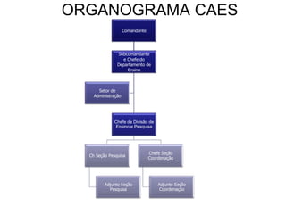 ORGANOGRAMA CAES
Comandante
Subcomandante
e Chefe do
Departamento de
Ensino
Chefe da Divisão de
Ensino e Pesquisa
Ch Seção Pesquisa
Adjunto Seção
Pesquisa
Chefe Seção
Coordenação
Adjunto Seção
Coordenação
Setor de
Administração
 