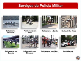 Serviços da Polícia Militar
Policiamento
Ambiental
Policiamento em
Eventos
Policiamento com
Motos
Policiamento com
Bicicletas
Radiopatrulha Aérea
Ronda EscolarPoliciamento com Cães
Policiamento a Cavalo
 