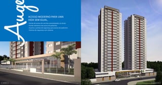 Acesso moderno para uma
vida sem igual.
• Portão de acesso de veículos automatizados no térreo
• Portão eletrônico de acesso de pedestres
• Guarita e pulmão de segurança para acesso de pedestres
• Sistema de segurança com câmeras
portaria fachada diurna
 