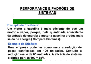 PERFORMANCE E PADRÕES DE
               SISTEMAS


Exemplo de Eficiência:
Um motor a gasolina é mais eficiente do que um
motor a vapor, porque, pela quantidade equivalente
da entrada de energia o motor a gasolina produz mais
saída de energia.( Compara Sistemas).
Exemplo de Eficácia:
Uma empresa pode ter como meta a redução de
peças danificadas em 100 unidades. Contudo a
redução real é de 85 unidades. A eficácia do sistema
é obtida por: 85/100 = 85%
 
