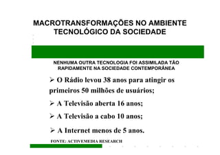 MACROTRANSFORMAÇÕES NO AMBIENTE
    TECNOLÓGICO DA SOCIEDADE



    NENHUMA OUTRA TECNOLOGIA FOI ASSIMILADA TÃO
     RAPIDAMENTE NA SOCIEDADE CONTEMPORÂNEA

     O Rádio levou 38 anos para atingir os
   primeiros 50 milhões de usuários;
     A Televisão aberta 16 anos;
     A Televisão a cabo 10 anos;
     A Internet menos de 5 anos.
   FONTE: ACTIVEMEDIA RESEARCH
 