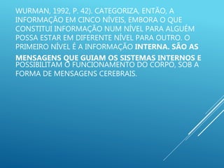 WURMAN, 1992, P. 42). CATEGORIZA, ENTÃO, A
INFORMAÇÃO EM CINCO NÍVEIS, EMBORA O QUE
CONSTITUI INFORMAÇÃO NUM NÍVEL PARA ALGUÉM
POSSA ESTAR EM DIFERENTE NÍVEL PARA OUTRO. O
PRIMEIRO NÍVEL É A INFORMAÇÃO INTERNA. SÃO AS
MENSAGENS QUE GUIAM OS SISTEMAS INTERNOS E
POSSIBILITAM O FUNCIONAMENTO DO CORPO, SOB A
FORMA DE MENSAGENS CEREBRAIS.
 