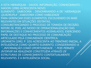 A ESTA HIERARQUIA - DADOS, INFORMAÇÃO, CONHECIMENTO -,
MASON (1990) ACRESCENTA NOVO
ELEMENTO - SABEDORIA -, DENOMINANDO-A DE “HIERARQUIA
QUÁDRUPLA”. SABEDORIA COMO HABILIDADE
PARA GERENCIAR ESSES ELEMENTOS, ESCOLHENDO OS MAIS
RELEVANTES EM SITUAÇÕES DISTINTAS,
CONSUBSTANCIANDO O PROCESSO DE TOMADA DE DECISÃO.
REFERE-SE, POIS, AO MODO DE OPERACIONALIZAÇÃO DAS
INFORMAÇÕES E CONHECIMENTOS ASSIMILADOS, EXERCENDO
PAPEL DE DESTAQUE NO PROCESSO DE COMUNICAÇÃO
ARTICULADO PELA COMUNIDADE CIENTÍFICA.
URDANETA (1992, P. 103) ACRESCENTA AO TRINÔMIO INICIAL, A
INTELIGÊNCIA COMO QUARTO ELEMENTO, CONSIDERANDO-A
“...INFORMAÇÃO COMO OPORTUNIDADE...”, POIS PERMITE
INTERVIR NA REALIDADE CONSTITUÍDA ATRAVÉS DE
ESTRUTURAS DE CONHECIMENTO CONTEXTUALMENTE
RELEVANTES. É A INTELIGÊNCIA SOCIAL.
 