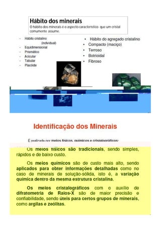 Hábito dos minerais
O hábito dos minerais é o aspecto característico que um cristal
comumente assume.
 