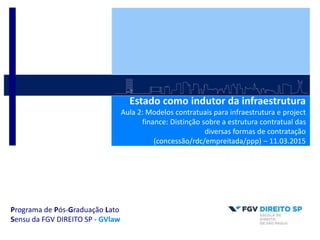 Estado como indutor da infraestrutura
Aula 2: Modelos contratuais para infraestrutura e project
finance: Distinção sobre a estrutura contratual das
diversas formas de contratação
(concessão/rdc/empreitada/ppp) – 11.03.2015
Programa de Pós-Graduação Lato
Sensu da FGV DIREITO SP - GVlaw
 