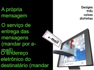 A própria 
mensagem 
O serviço de 
entrega das 
mensagens 
(mandar por e-mail) 
O endereço 
eletrônico do 
destinatário (mandar 
para o meu e-mail) 
Designa 
três 
coisas 
distintas 
 