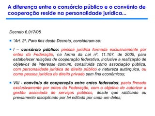 Decreto 6.017/05
 “Art. 2º. Para fins deste Decreto, consideram-se:
 I – consórcio público: pessoa jurídica formada exclusivamente por
entes da Federação, na forma da Lei nº. 11.107, de 2005, para
estabelecer relações de cooperação federativa, inclusive a realização de
objetivos de interesse comum, constituída como associação pública,
com personalidade jurídica de direito público e natureza autárquica, ou
como pessoa jurídica de direito privado sem fins econômicos;
 VIII - convênio de cooperação entre entes federados: pacto firmado
exclusivamente por entes da Federação, com o objetivo de autorizar a
gestão associada de serviços públicos, desde que ratificado ou
previamente disciplinado por lei editada por cada um deles;
A diferença entre o consórcio público e o convênio de
cooperação reside na personalidade jurídica...
 