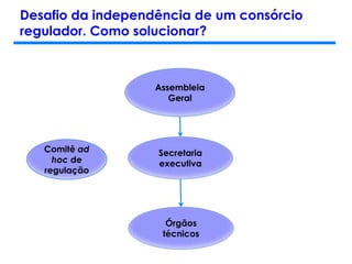 Desafio da independência de um consórcio
regulador. Como solucionar?
Assembleia
Geral
Secretaria
executiva
Órgãos
técnicos
Comitê ad
hoc de
regulação
 
