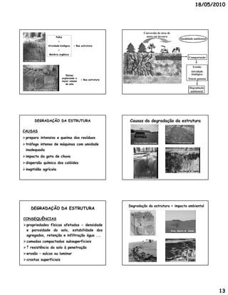 18/05/2010




                                                                      Conversão de área de
                     Palha                                              mata em lavoura
                                                                                             Qualidade ambiental
                       +
               Atividade biológica    = Boa estrutura
                       +
               Matéria orgânica
                                                                                                   Compactação


                                                                                                      Erosão
                                                                                                    Atividade
                                Raízes                                                              biológica
                             explorando o                                                         Trocas gasosas
                                            = Boa estrutura
                             maior volume
                               de solo
                                                                                                   Degradação
                                                                                                    ambiental




       DEGRADAÇÃO DA ESTRUTURA                                Causas da degradação da estrutura

CAUSAS
 preparo intensivo e queima dos resíduos
 tráfego intenso de máquinas com umidade
 inadequada
 impacto da gota de chuva
 dispersão química dos colóides
 inaptidão agrícola




                                                              Degradação da estrutura = impacto ambiental
     DEGRADAÇÃO DA ESTRUTURA

CONSEQUÊNCIAS
 propriedades físicas afetadas - densidade
  e porosidade do solo, estabilidade dos
  agregados, retenção e infiltração água ...
 camadas compactadas subsuperficiais
  resistência do solo à penetração
 erosão – sulcos ou laminar
 crostas superficiais




                                                                                                                   13
 
