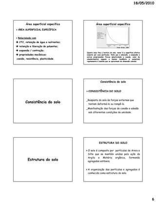 18/05/2010




        Área superficial específica                Área superficial específica

 ÁREA SUPERFICIAL ESPECÍFICA


 Relacionada com
 CTC, retenção de água e nutrientes;
 retenção e liberação de poluentes;                                         Fonte: Brady, 1983

 expansão / contração;
                                         Quanto mais fina a textura do solo, maior é a superfície efetiva
 propriedades mecânicas:                exposta por suas partículas. Note que a adsorção, a expansão e
                                                          partículas.
                                         outras propriedades físicas (plasticidade e coesão, calor de
coesão, resistência, plasticidade.       umedecimento) seguem a mesma tendência e aumentam
                                         rapidamente à medida que se aproximam da dimensão coloidal.
                                                                                             coloidal.




                                                         Consistência do solo


                                         CONSISTÊNCIA DO SOLO


                                        _Resposta do solo às forças externas que
        Consistência do solo              tentam deformá-lo ou rompê-lo.
                                                 deformá-      rompê-
                                        _Manifestação das forças de coesão e adesão
                                          sob diferentes condições de umidade.




                                                       ESTRUTURA DO SOLO


                                         O solo é composto por partículas de Areia e
                                          Silte que se mantém unidas pela ação da
                                          Argila e Matéria orgânica, formando
          Estrutura do solo               agregados estáveis.
                                                     estáveis.


                                         A organização das partículas e agregados é
                                          conhecida como estrutura do solo.
                                                                      solo.




                                                                                                            6
 
