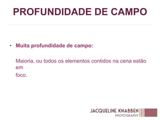 PROFUNDIDADE DE CAMPO
• Muita profundidade de campo:
Maioria, ou todos os elementos contidos na cena estão
em
foco.
 
