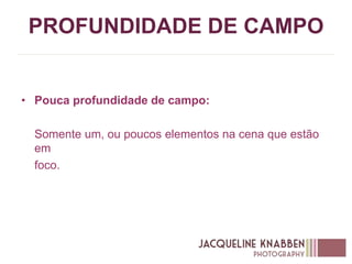 PROFUNDIDADE DE CAMPO
• Pouca profundidade de campo:
Somente um, ou poucos elementos na cena que estão
em
foco.
 