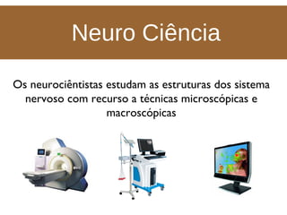 Neuro Ciência Os neurociêntistas estudam as estruturas dos sistema nervoso com recurso a técnicas microscópicas e macroscópicas 
