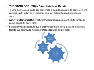 • TUBERCULOSE (TB) – Características Gerais
• é uma doença que pode ser prevenida e curada, mas ainda prevalece em
condições de pobreza e contribui para perpetuação da desigualdade
social;
• AGENTE ETIOLÓGICO: Mycobacterium tuberculosis, conhecida também
como bacilo de Koch (BK);
• baixa permeabilidade, reduz a efetividade da maioria dos antibióticos e
facilita sua sobrevida nos macrófagos (células de defesa);
COINFECÇÃO
TB+ HIV
HIV
VÍRUS
TUBERCULOSE
BACTÉRIA
 