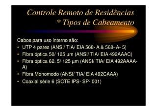 Controle Remoto de Residências
            * Tipos de Cabeamento

Cabos para uso interno são:
• UTP 4 pares (ANSI/ TIA/ EIA 568- A & 568- A- 5)
• Fibra óptica 50/ 125 µm (ANSI/ TIA/ EIA 492AAAC)
• Fibra óptica 62. 5/ 125 µm (ANSI/ TIA/ EIA 492AAAA-
  A)
• Fibra Monomodo (ANSI/ TIA/ EIA 492CAAA)
• Coaxial série 6 (SCTE IPS- SP- 001)
 