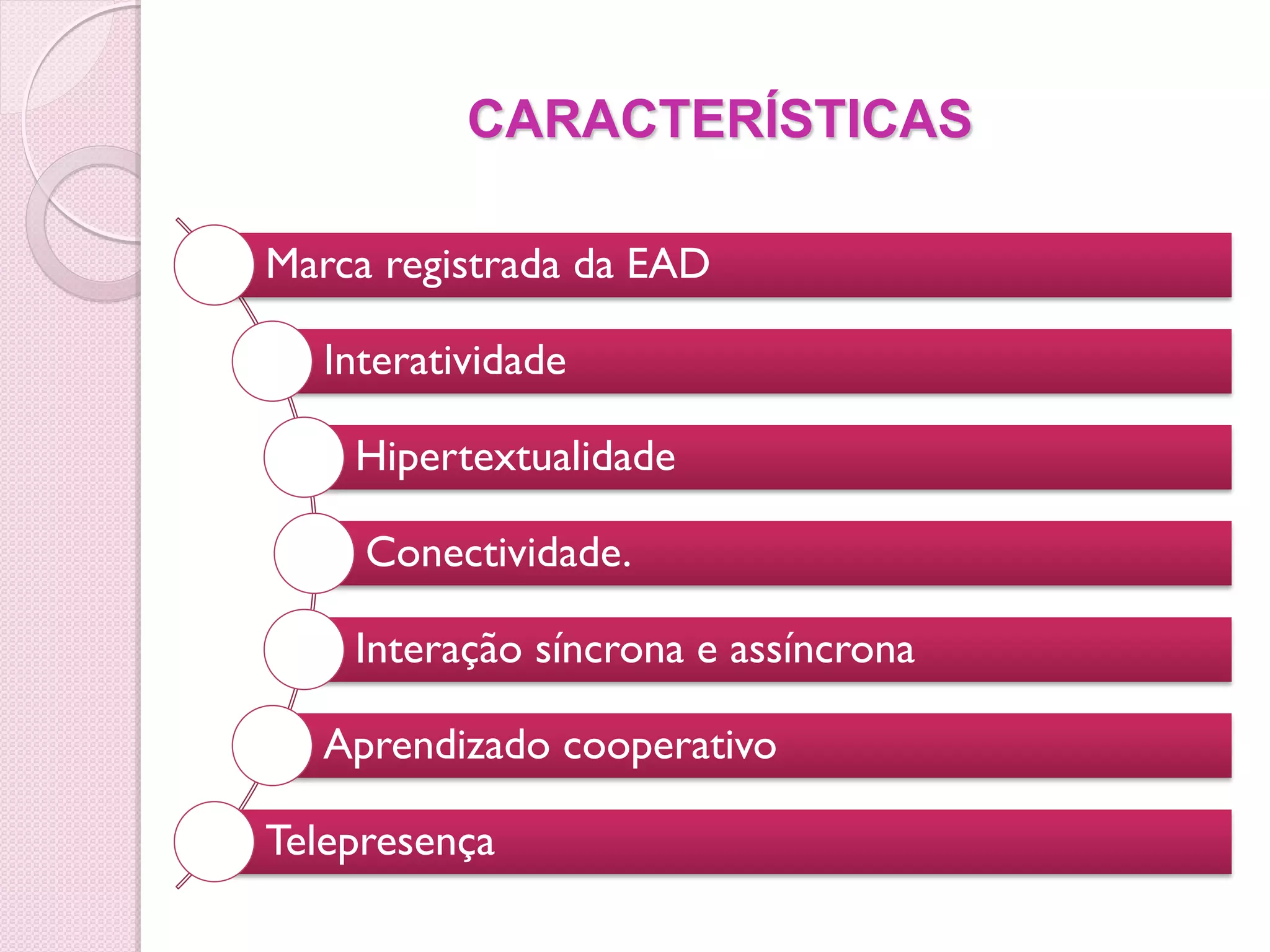 CARACTERÍSTICAS

Marca registrada da EAD

   Interatividade

    Hipertextualidade

     Conectividade.

    Interação síncrona e assíncrona

   Aprendizado cooperativo

Telepresença
 