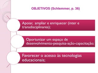 OBJETIVOS (Schlemmer, p. 36)



Apoiar, ampliar e enriquecer (inter e
transdisciplinares);


  Oportunizar um espaço de
  desenvolvimento-pesquisa-ação-capacitação;


Favorecer o acesso às tecnologias
educacionais;
 