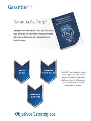 A AvaCorp reembolsará os valores
investidos por esta, até a data da
rescisão do contrato em virtude do
não funcionamento total do sistema
por problemas exclusivamente
decorrentes do sistema.
®
Garantia++
®
A empresa de software AvaCorp é a única
que garante em contrato o funcionamento
do seu produto ou a devolução do seu
investimento.
®Garantia AvaCorp
Objetivos Estratégicos
Reduzir
Custos
Aumentar
Rentabilidade
Melhorar a
Qualidade
 