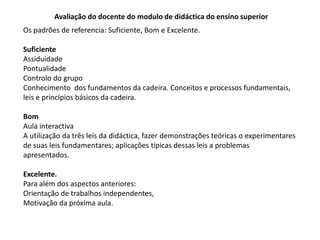 Os padrões de referencia: Suficiente, Bom e Excelente.
Suficiente
Assiduidade
Pontualidade
Controlo do grupo
Conhecimento dos fundamentos da cadeira. Conceitos e processos fundamentais,
leis e princípios básicos da cadeira.
Bom
Aula interactiva
A utilização da três leis da didáctica, fazer demonstrações teóricas o experimentares
de suas leis fundamentares; aplicações típicas dessas leis a problemas
apresentados.
Excelente.
Para além dos aspectos anteriores:
Orientação de trabalhos independentes,
Motivação da próxima aula.
Avaliação do docente do modulo de didáctica do ensino superior
 