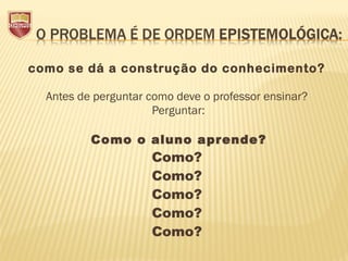 como se dá a construção do conhecimento?
 
Antes de perguntar como deve o professor ensinar?
Perguntar:
 
Como o aluno aprende?
Como?
Como?
Como?
Como?
Como?
 