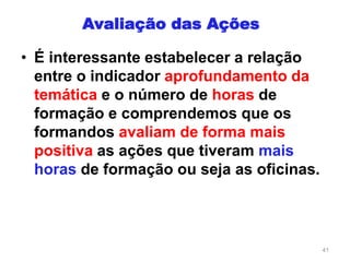 • É interessante estabelecer a relação
entre o indicador aprofundamento da
temática e o número de horas de
formação e comprendemos que os
formandos avaliam de forma mais
positiva as ações que tiveram mais
horas de formação ou seja as oficinas.
41
Avaliação das Ações
 