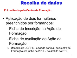 • Aplicação de dois formulários
preenchidos por formandos:
–Ficha de Inscrição na Ação de
Formação
–Ficha de avaliação da Ação de
Formação
» (Modelo do DGRHE , enviado por mail ao Centro de
Formação em junho de 2010 – no âmbito do PTE)
7
Recolha de dados
Foi realizada pelo Centro de Formação
 