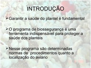 INTRODUÇÃO
Garantir a saúde do plantel é fundamental
O programa de biossegurança é uma
ferramenta indispensável para proteger a
saúde dos plantéis
Nesse programa são determinadas
normas de procedimentos quanto a
localização do aviário
 