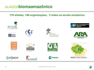 ALIADOSbiomaamazônico

     170 aliados, 146 organizações, 3 redes na escala amazônica




13                         Copyright © 2009 Fundación AVINA
 