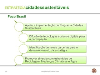 ESTRATÉGIAcidadessustentáveis

     Foco Brasil

               Apoiar a implementação do Programa Cidades
               Sustentáveis

                   Difusão de tecnologias sociais e digitais para
                   a participação

                   Identificação de novas parcerias para o
                   desenvolvimento da estratégia

               Promover sinergia com estratégias de
               Reciclagem, Mudanças Climáticas e Água


33                          Copyright © 2009 Fundación AVINA
 