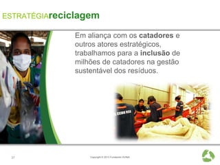 ESTRATÉGIAreciclagem

              Em aliança com os catadores e
              outros atores estratégicos,
              trabalhamos para a inclusão de
              milhões de catadores na gestão
              sustentável dos resíduos.




 37               Copyright © 2013 Fundación AVINA
 