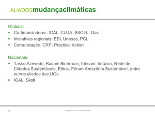 ALIADOSmudançaclimáticas


Globais:
 Co-financiadores: ICAL, CLUA, SKOLL, Oak
 Iniciativas regionais: ESI, Unesco, PCL
 Comunicação: CRP, Practical Action

Nacionais:
 Tasso Azevedo, Rachel Biderman, Idesam, Imazon, Rede de
  Cidades Sustentáveis, Ethos, Fórum Amazônia Sustentável, entre
  outros aliados das UOs
 ICAL, Skoll




72                         Copyright © 2012 Fundación AVINA
 