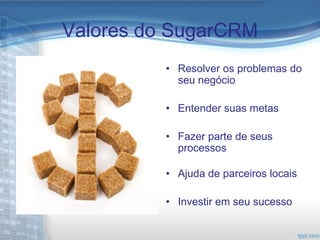 Valores do SugarCRM
          • Resolver os problemas do
            seu negócio

          • Entender suas metas

          • Fazer parte de seus
            processos

          • Ajuda de parceiros locais

          • Investir em seu sucesso
 