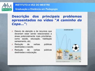 INSTITUTO A VEZ DO MESTRE
Graduação a Distância em Pedagogia
O Desvio de atenção e de recursos que
deveriam estar sendo relacionados a
áreas potencialmente mais prioritárias,
como saúde, educação, habitação
saneamento, etc;
O Redução de verbas públicas
destinadas a saúde;
O Redução de verbas públicas
destinadas a educação.
Descrição dos principais problemas
apresentados no vídeo “A caminho da
Copa...”:
Local
para
inseri
r
imag
em
 
