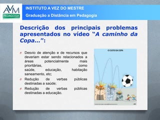 INSTITUTO A VEZ DO MESTRE
Graduação a Distância em Pedagogia
O Desvio de atenção e de recursos que
deveriam estar sendo relacionados a
áreas potencialmente mais
prioritárias, como
saúde, educação, habitação
saneamento, etc;
O Redução de verbas públicas
destinadas a saúde;
O Redução de verbas públicas
destinadas a educação.
Descrição dos principais problemas
apresentados no vídeo “A caminho da
Copa...”:
Local
para
inseri
r
imag
em
 