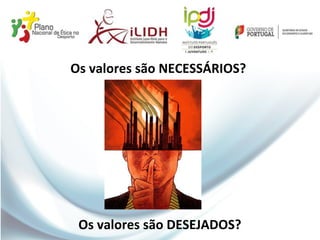 Os valores são NECESSÁRIOS?
Os valores são DESEJADOS?
 
