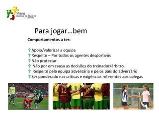 Para jogar…bem
Comportamentos a ter:
↑Apoio/valorizar a equipa
↑Respeito – Por todos os agentes desportivos
↑Não protestar
↑ Não por em causa as decisões do treinador/árbitro
↑ Respeito pela equipa adversária e pelos pais do adversário
↑Ser ponderado nas críticas e exigências referentes aos colegas
 