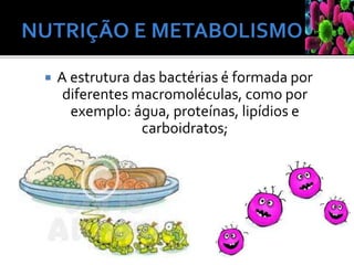  A estrutura das bactérias é formada por
diferentes macromoléculas, como por
exemplo: água, proteínas, lipídios e
carboidratos;
 
